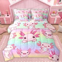 Feelyou Kawaii Pink Axolotl Bedding Comforter Set 7 Pieces for Teens, Cartoon Stars Galaxy Full Bedding Set, Mystic Rainbow Reversible Fitted Sheet Flat Sheet, Microfiber Bedroom Decor