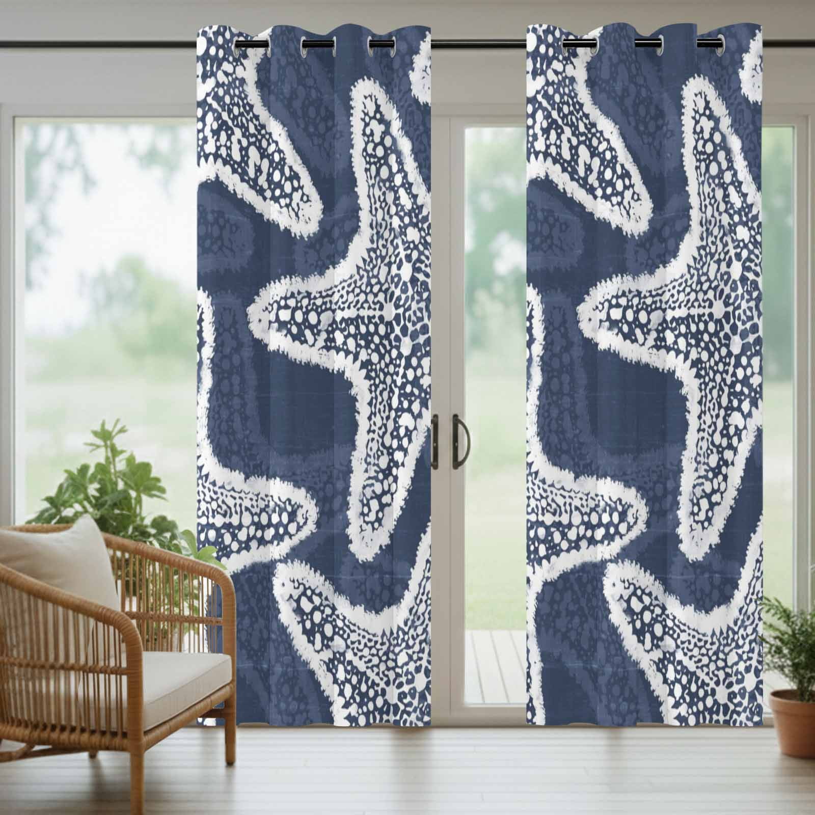 Navy Blue Starfish Outdoor Curtains for Patio, Coastal Summer Ocean Beach Nautical Modern Sunshade Privacy Drapes Grommet Waterproof Outside Curtains for Porch/Cabana/Balcony 54"x 108", 1 Panel