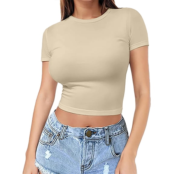 Short Sleeve Tops for Women Crop T-Shirt Girls Pullover Top Thin Round Neck Fashion Short Sleeves Summer Tops for Women