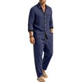 thumbnail image 4 of Delconic Mens Linen Blend Two Piece Outfit Loose Fit Long Sleeve Button Front Shirt and Straight Leg Pants Casual Set Navy 2XL, 4 of 8