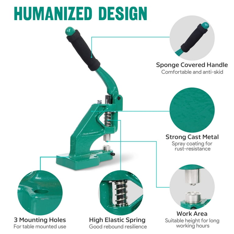 Bonoutil Hand Press Grommet Machine Heavy Duty Grommet Punch Tool Kit with  3 Dies 1/4 3/8 1/2, Punch Hole Tool and 1500 Pcs Gold Grommets for