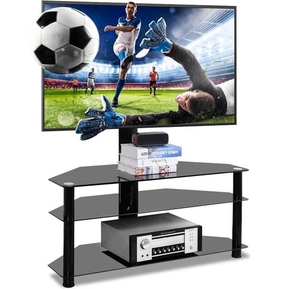 RTVR Corner TV Stand with Mount for 32 to 70 inch Flat Screens up to 110 lbs, 3 Tier TV Stand Table with Glass Shelves, Black
