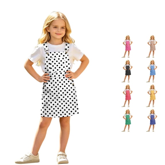 JAJAHO Overall Dress For Girls Adjustable Straps Retro Polka Dot Loose Fit Summer Casual Vintage Dresses With Pockets For Kids 4-13Y