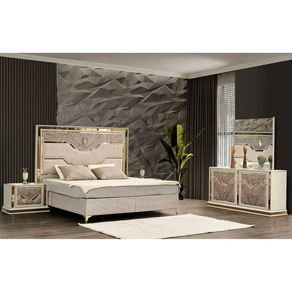 Upholstered Queen Bedroom : Beige, Gold Accents, Quality In Beige: Bed, Dresser, Mirror