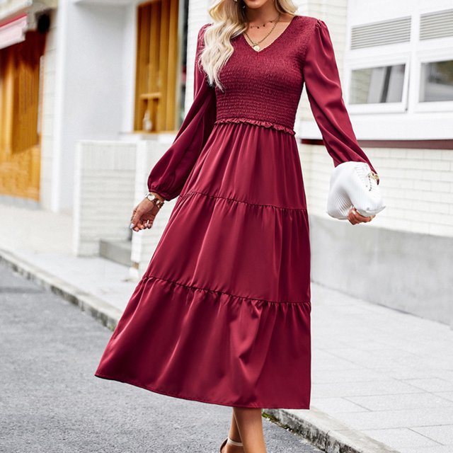 Vestido de manga farol para mujer Vestido suelto de cintura alta Jersey elegante Vestido largo fluido Hugtrwg Para estrenar