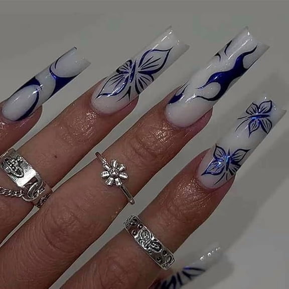 AWTO Long Blue Press on Nails Square Fake Nails White Full Cover Butterfly Acrylic False Nails Glossy Nails for Women and Girls-24PCS
