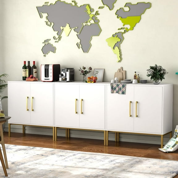 JOZZBY Buffet Sideboard Cabinet with Storage, Modern Wooden Cabinet with Adjustable Shelves, White and Gold Cabinets for Living Room, Kitchen, Hallway, Set of 3