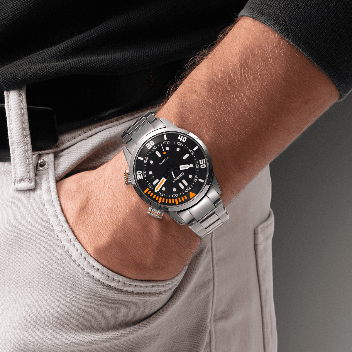 BERNY Automatic Dive Watches for Men, Sport 20ATM Waterproof Analog Mechanical Watch with Date, Super Luminous, Stainless Steel, Sapphire Crystal, Fashion Men's Pro Diver Watch (Black)