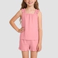 thumbnail image 4 of mgoYE Girl Clothes Size 7-8 Girls Summer Clothes Girl Outfits Print Ruffle Sleeveless Top + Casual Short 2 Piece Cute Clothing Set(Pink,13-14 Years), 4 of 7