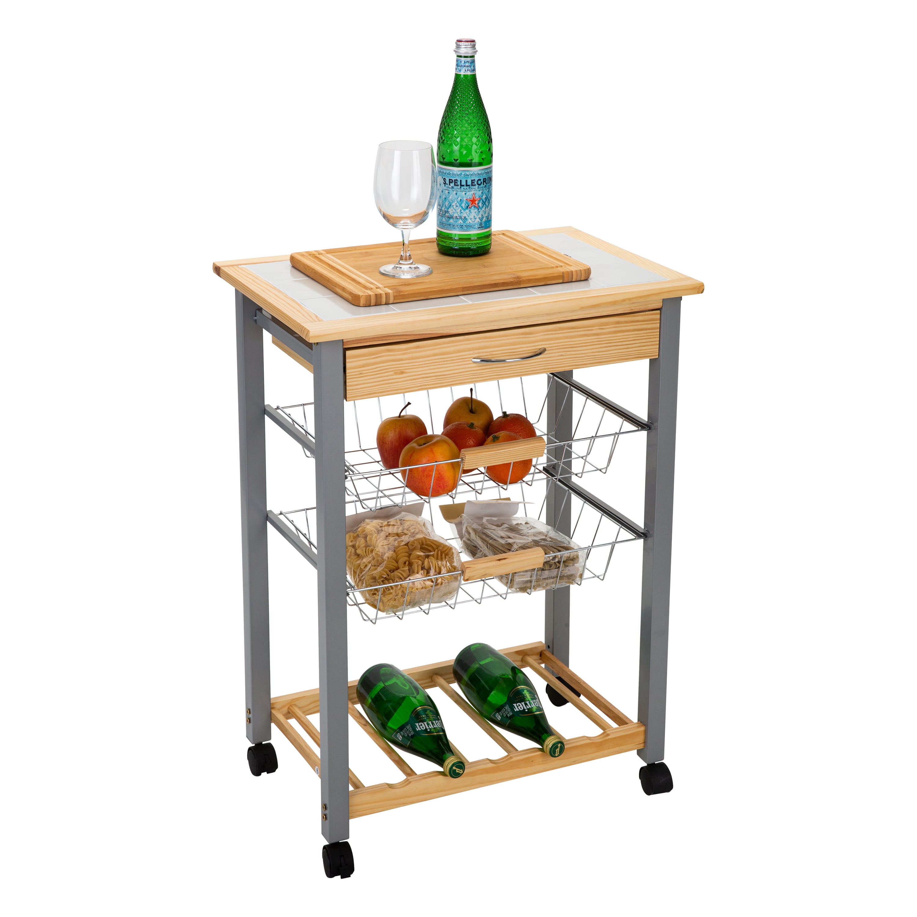 Organize It All Rolling Kitchen Cart with Wine Rack, 22.50" x 14.50" x 30"