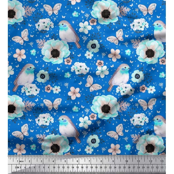 Soimoi Cotton Poplin Fabric Robin,Butterfly & Anemone Floral Print Fabric by Yard 56 Inch Wide