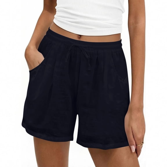 Summer Cotton Linen Shorts for Women Comfortable Daily Wear Fashion Elastic Waist Lounge Lightweight Shorts with Pockets Black M