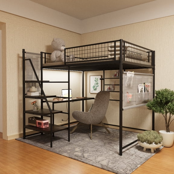 Yoneston Full Size Loft Metal Bed Frame with Built-in Charging Station and LED Lighting for Bedroom and Dormitory, Black