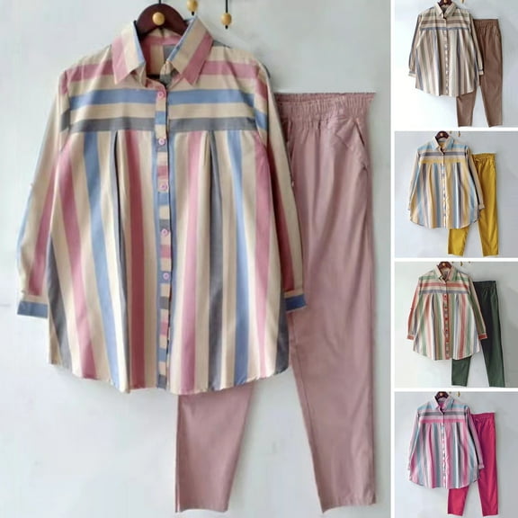 sunsanly 2 Pcs/Set Women Shirt Pants Set Striped Contrast Color Lapel Long Sleeve Single-breasted Blouse Wide Leg Loose Elastic Waist Trousers Set Lady Casual Daily Outfit
