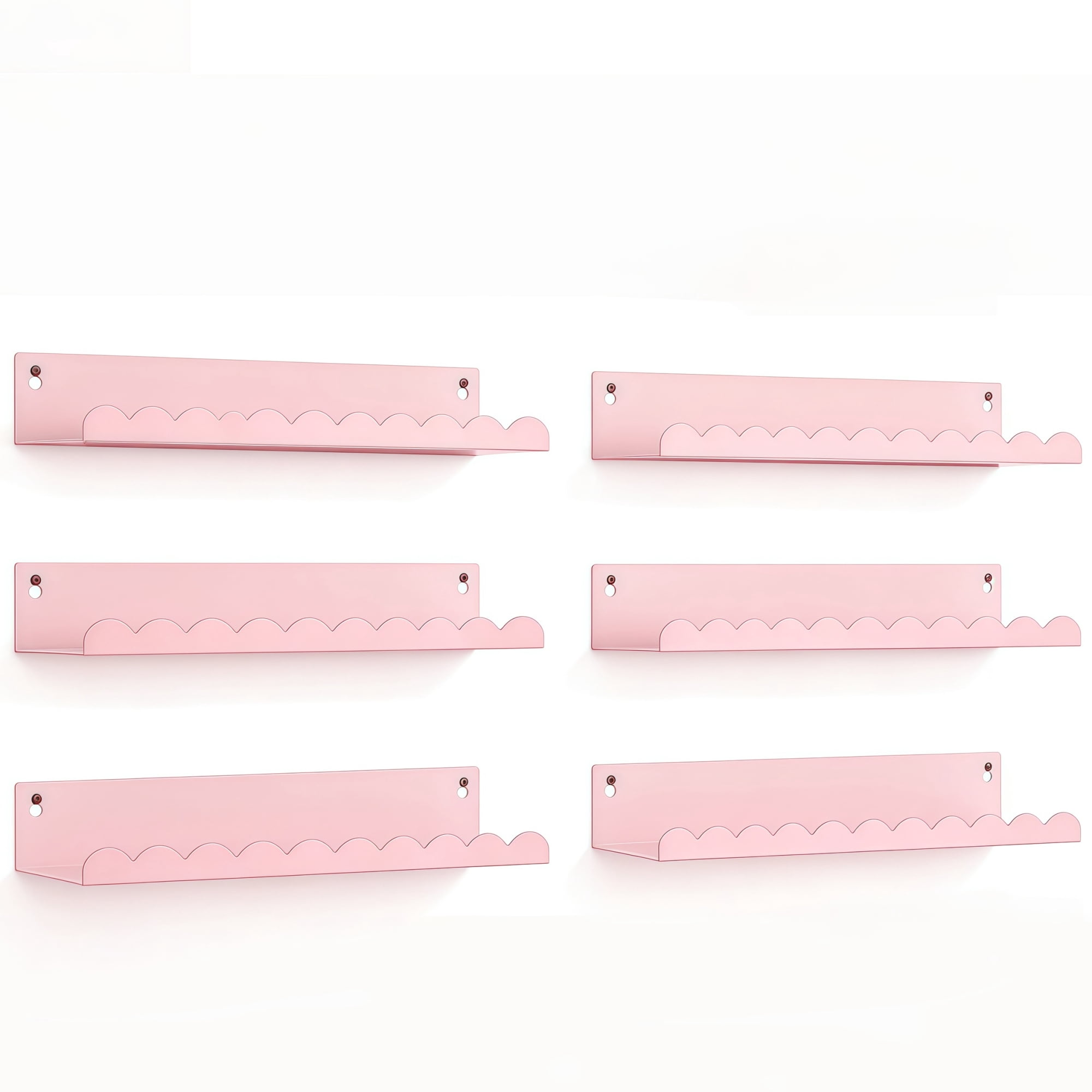 6-Piece Pink Metal Floating Shelves, 16" Cute Wall Bookshelf & Toy Display for Girls Room, Nursery
