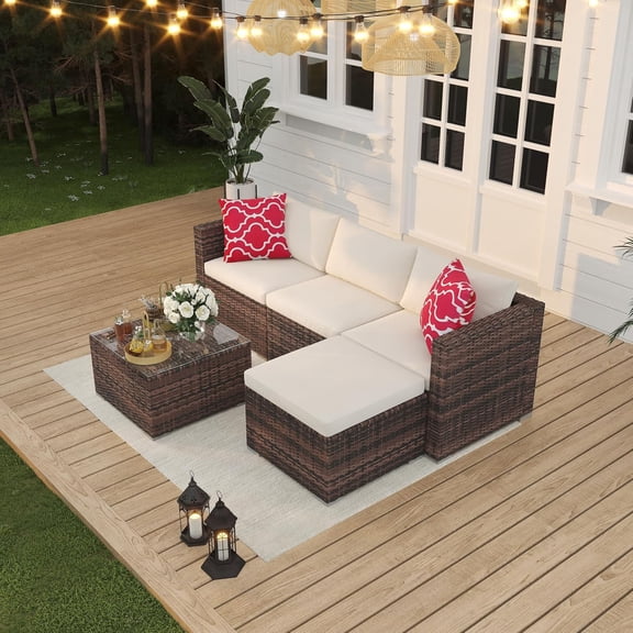 5 Pieces Patio Furniture Set, Rattan Outdoor Patio Furniture Sofa Set with Anti-Slip Cushions,Modern Patio Conversation Set All-Weather Wicker Sectional Sofa with Glass Coffee Table and Ottoman