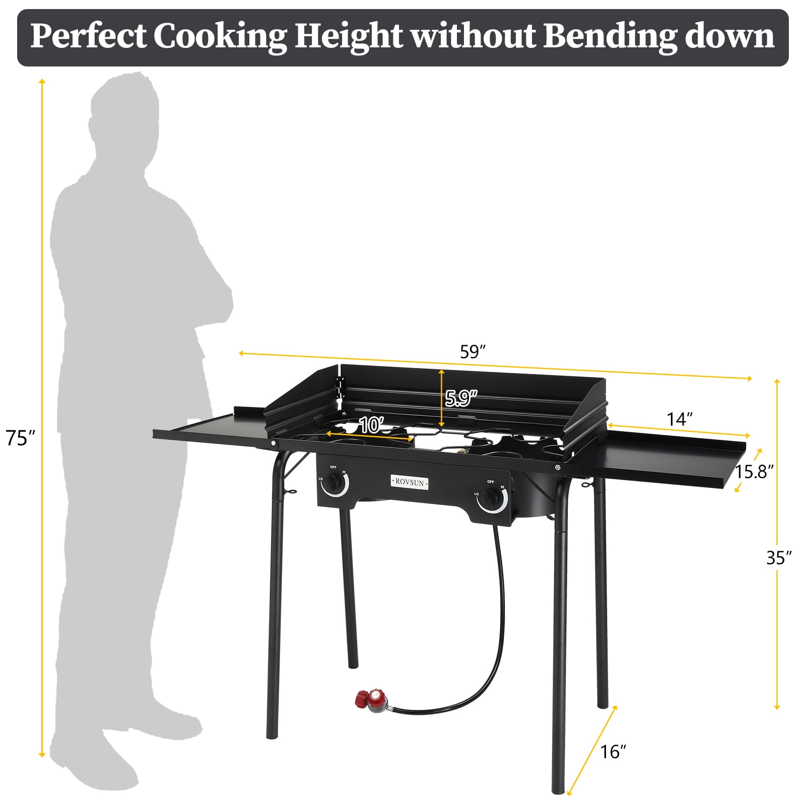 SalonMore Portable Outdoor Propane 15,0000 BTU 2-Burner Camping Stove with Removable Legs, Wind Panels,Regulator