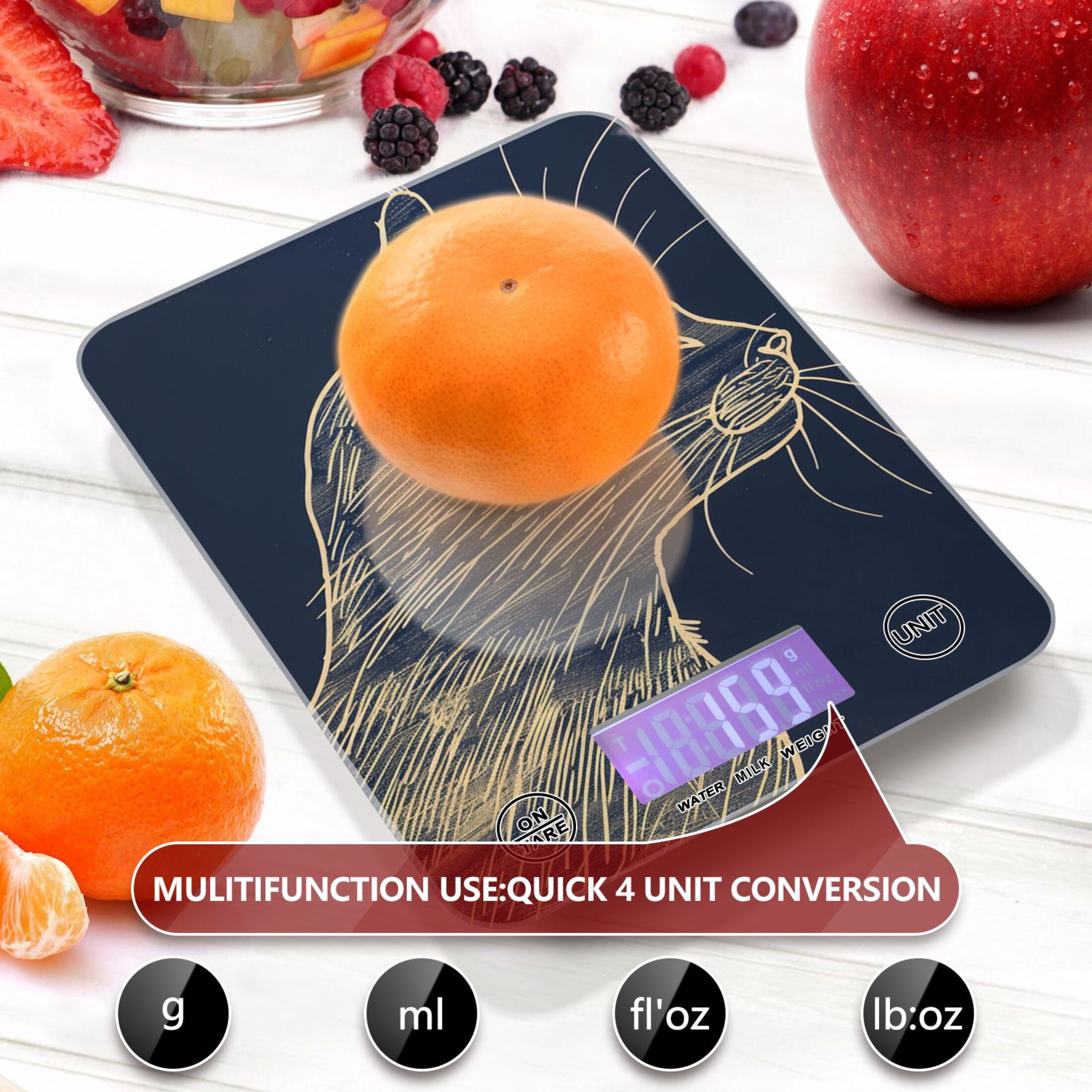 Cat in Blue Food Scale Digital Kitchen Scale Waterproof Tempered Glass Tare Function 11 lb for Baking Cooking Meal Prep