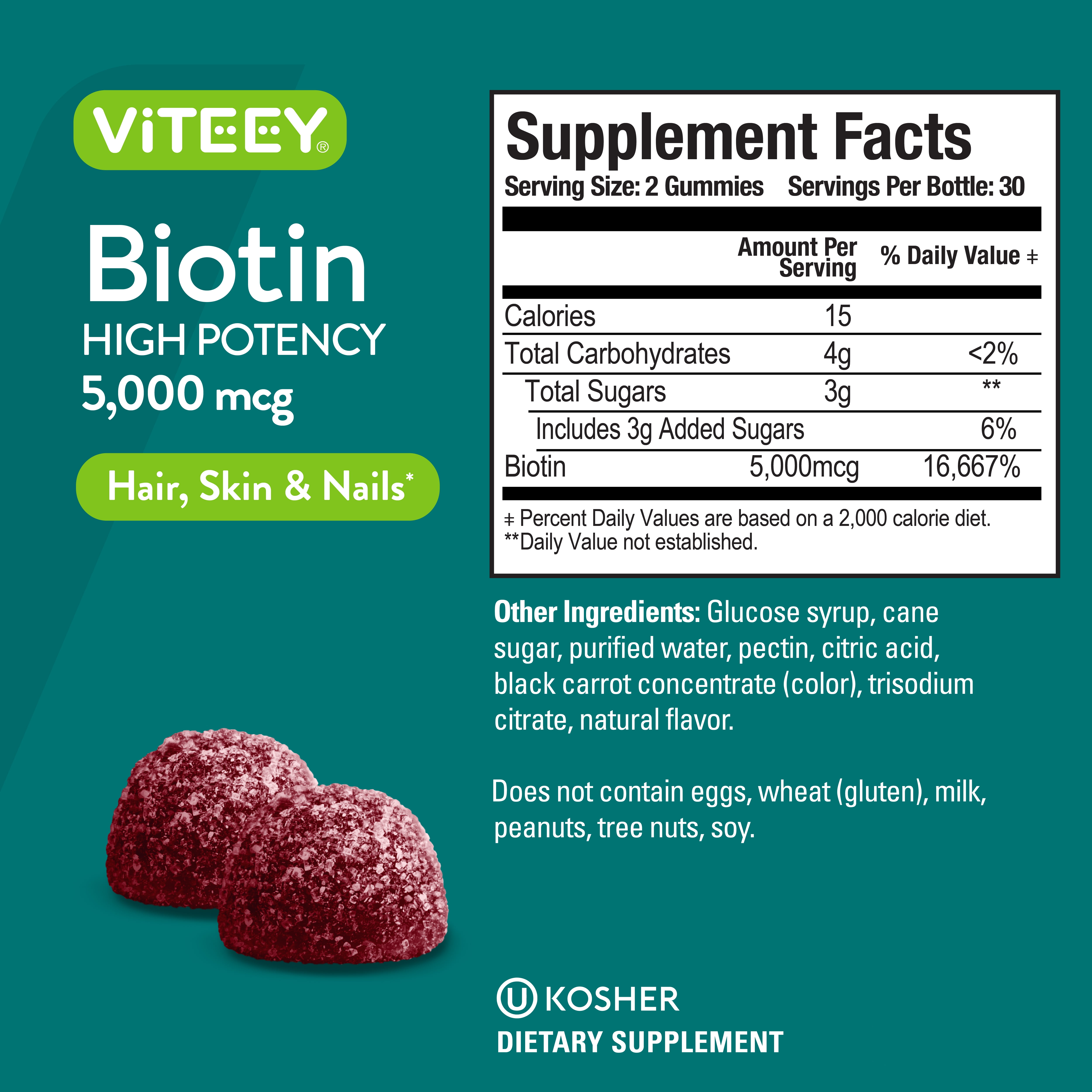 VITEEY Biotin Gummies 5,000 mcg, Hair Skin and Nails, Raspberry Flavor, 60 Count, 2 Pack