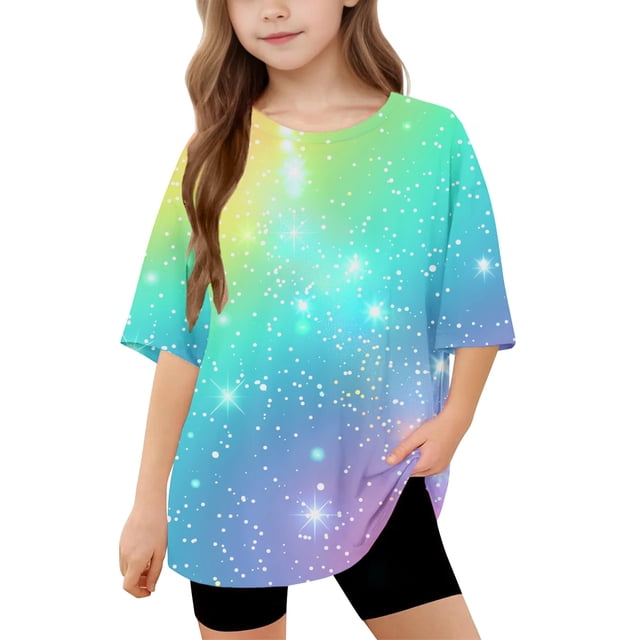 DecSea T-Shirt à Manches Courtes pour Filles, Été, Col Rond Imprimé, Décontracté, Basique, 5-14 Ans