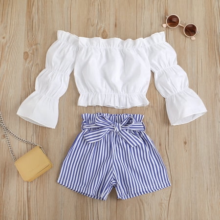 

Toddler Kids Baby Girls Clothes Off Shoulder Puff Sleeve Crop Tops Stripes Shorts Outfits Set Blue 2T