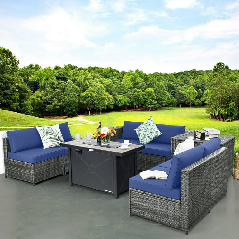 Gymax 9 PCS Patio Rattan Furniture Set Fire Pit Table Storage