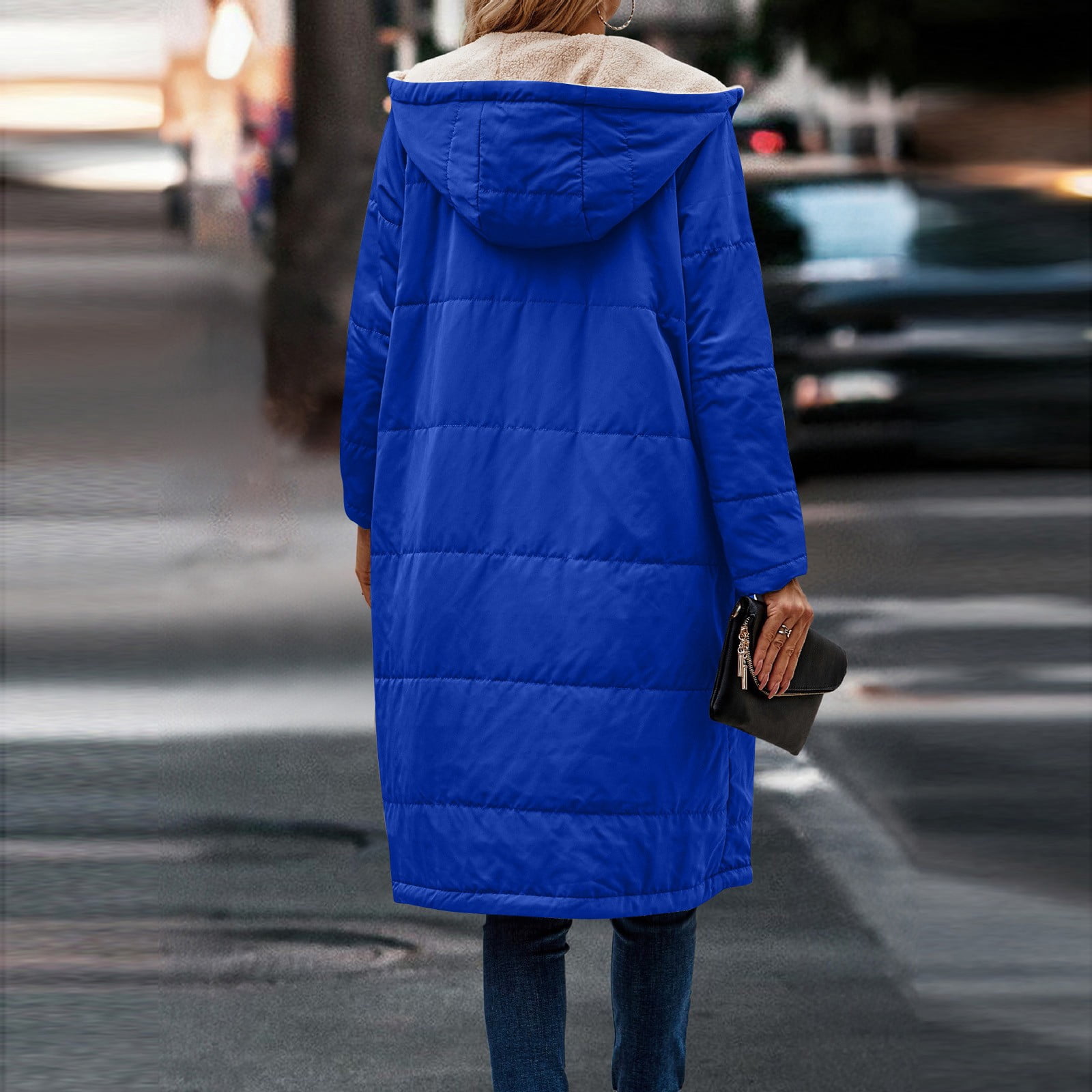 Fleece Jacket Women Long Puffer Coat Women Oversized Reversible Jackets Shearling Hooded Winter Fashion Coat Clothes Blue M