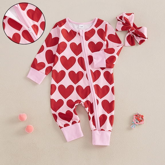 Valentines Outfit Baby Girl Long Sleeve Heart Print Zipper Romper Jumpsuit with Headband Set Cute Baby Girl Clothes Baby Girl 12-18 Months Clothes