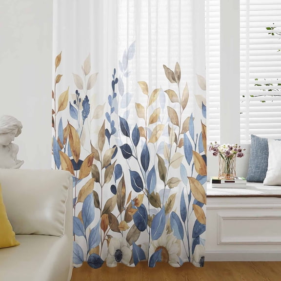 Orange Blue Botanical Semi Sheer Curtains Drapes for Living Room, Bedroom, French Doors Window 63 Inches Long, Fall Eucalyptus Leaves Rod Pocket Chiffon Curtain Drapery Voile Draperies Panel
