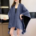 thumbnail image 2 of Zpanxa Winter Coats for Women Poncho Cape with Pom-pom Trim Casual Warm Wrap Navy Free Size, 2 of 5