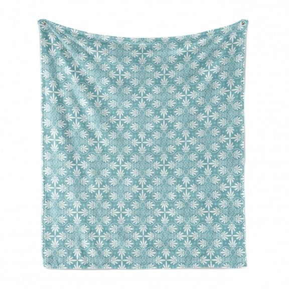Classic Soft Flannel Fleece Blanket, Pattern of Greek Inspired Floral Damask with Swirls and Geometric Shapes, Cozy Plush for Indoor and Outdoor Use, 50" x 60", Pale Slate Blue White, by Ambesonne