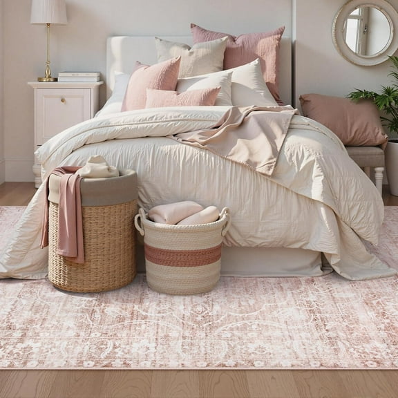 Pink Rugs for Bedroom Girls,Cute Nursery Rug Boho Area Rugs 5x7,Floral Living Room Rug Carpet Ultra-Thin Soft Washable, Kids Rugs for Playroom Baby Room Decor Dorm (Pink, 5'X7')