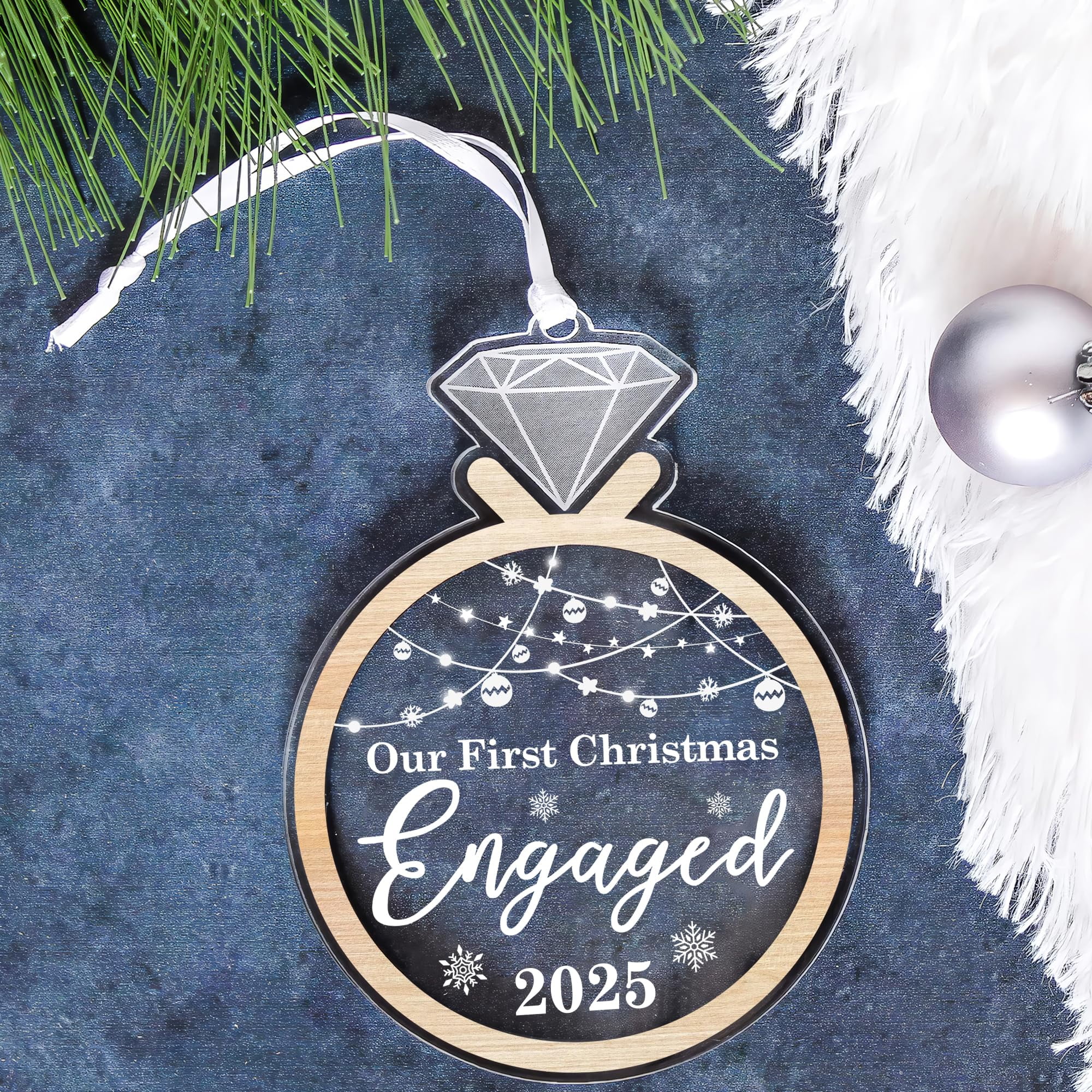 Engaged Ornament 2025 – Engagement Ring Acrylic Christmas Ornament, Elegant Keepsake Gift for Engaged Couples, Holiday Tree Decoration, Romantic Engagement Celebration Decor