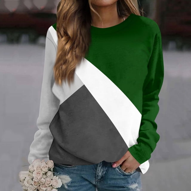 Sentmoon Tunique Mode Pull à Manches Longues pour Femmes Imprimé Col Rond Décontracté Hauts à Manches Longues pour Femmes Entraînement Régulier Mode Automne 2024 Vert S jusqu'à 40% de Réduction