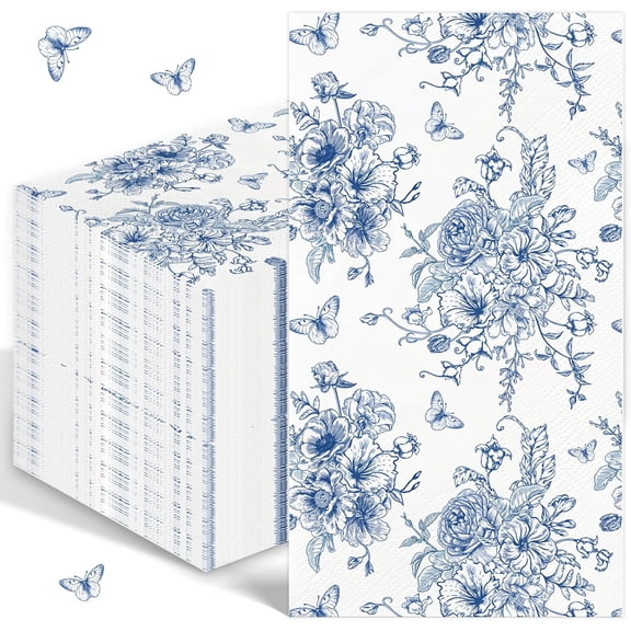100PCS Blue Floral Napkins Disposable Hand Towels for Bathroom 3 Ply Blue and White Paper Napkins Decorative Flower Guest Napkins Chinoiserie Napkins for Wedding Bridal Shower Birthday Cocktail Party