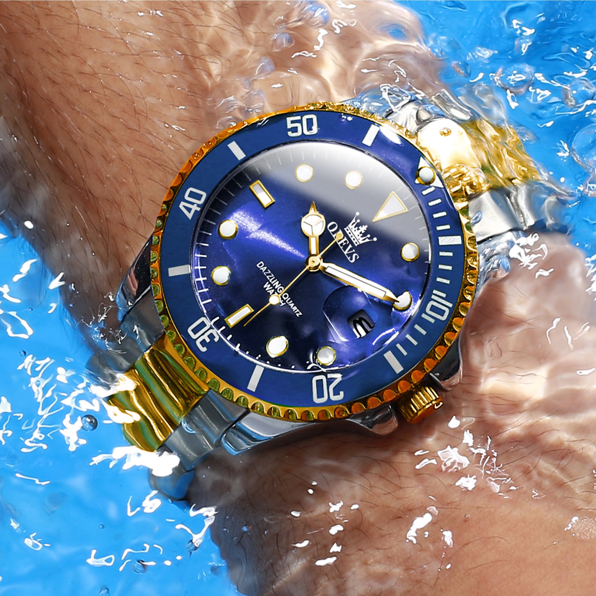 OLEVS Watches for Men Luxury Classic Dress Analog Quartz Fashion Two Tone Gold Plated Stainless Steel Date Waterproof Luminous Mens Wrist Watches Reloj Para Hombre Green/Black/Blue
