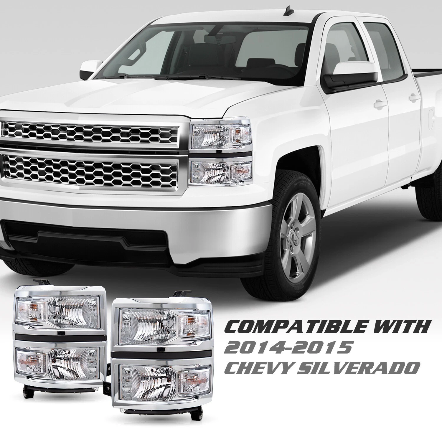 Chrome Headlights For 2014-2015 Chevy Silverado 1500 Headlamps LH+RH Pairs 14-15