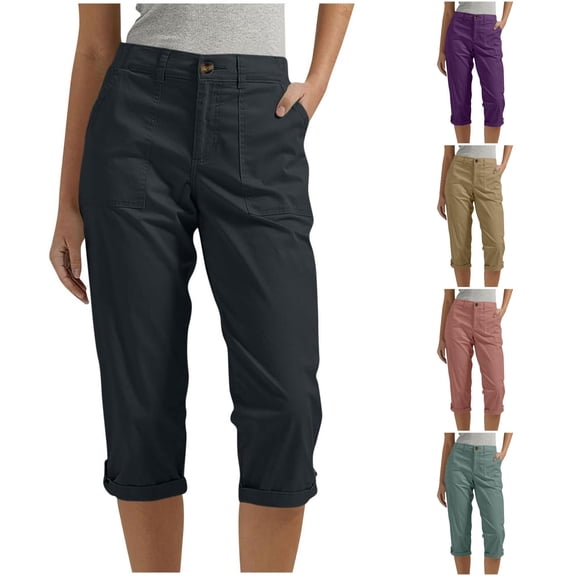 XAOFW Capri Pants For Women Casual Solid Color Straight Leg Cargo Pants With Button Front For Summer Comfort And Daily Wear Breathable Bottom L