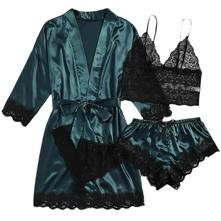 4 Pieces Woman Sleepwear Pajamas Ser With Robe Sexy Lace Lingerie Bathrobe Silk Satin Home Clothed Nightwear Robe Dark green L