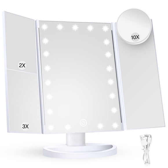 Ausein Espejo De Maquillaje Tríptico, Espejo luz led Maquillaje HD con 22 Luces LED,Espejo con Luz para Makeup con USB Cable, Espejo para Maquillaje con Aumentos, Base con Movimiento 180&am
