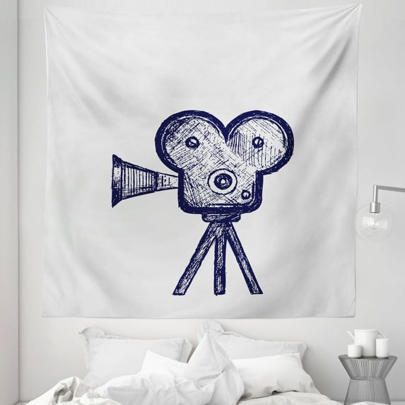 Movie Theater Tapestry, Hand Drawn Sketch of a Video Projector in Blue Tones Cinema, Fabric Wall Hanging Decor for Bedroom Living Room Dorm, 5 Sizes, Violet Blue Grey, by Ambesonne