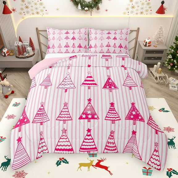 Manfei Cartoon Xmas Tree Bedding Comforter Set,Merry Christmas Twin Comforter Sets,Pink Geometric Striped Bedding Set For Girls Kids,Super Cozy Room Decor Reversible,2 Pieces