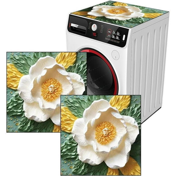 Washer and Dryer Covers for the Top, 19.7" x 23.6" White Flowers Dust Cover Pad for Room Decoration, Non-slip Washing Machine Covers Pad for Laundry, Easy to Clean