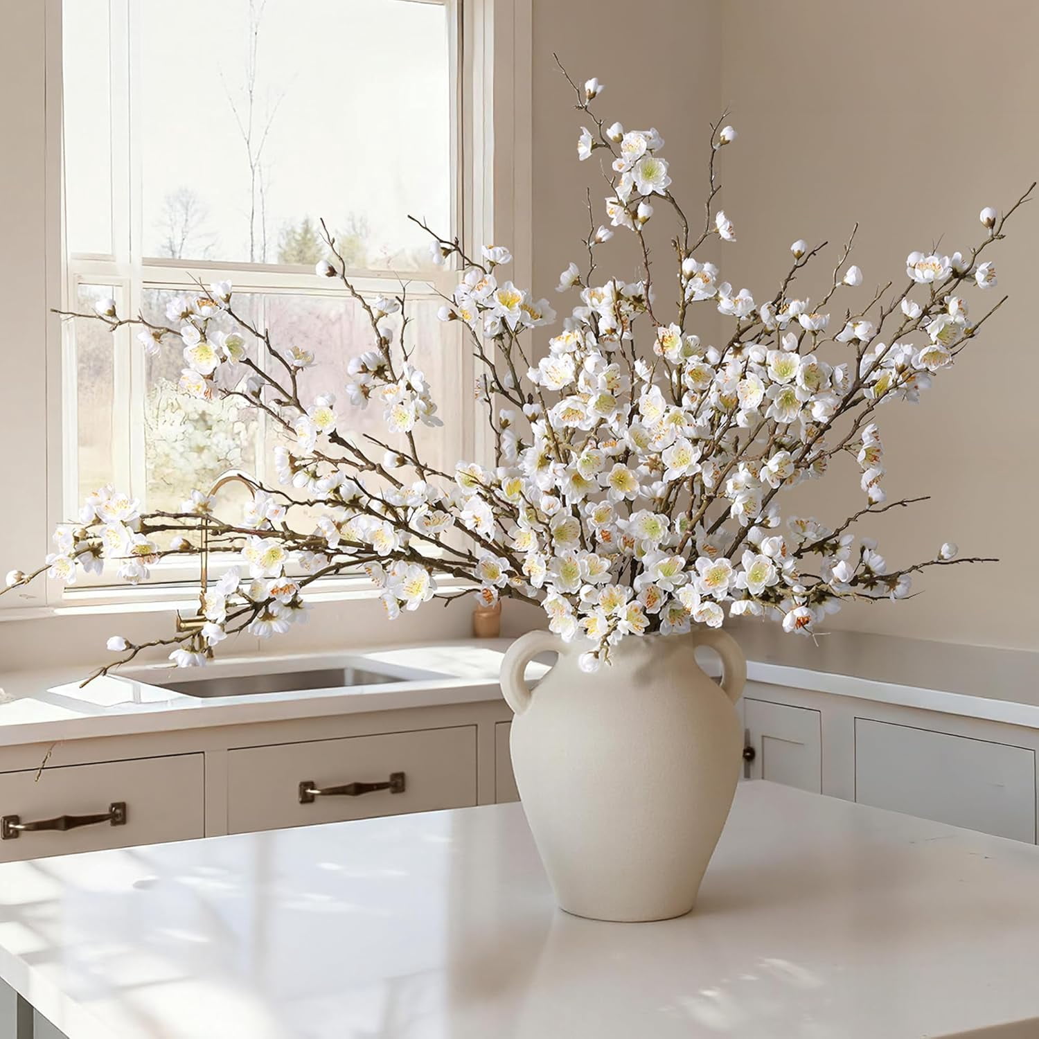 6 PCS Artificial Cherry Blossom Branches Spring Indoor Decoration, Faux Yellow Silk Flowers 34.45" Long Stems Real Touch Plum Fake Peach Plants for New Year Wedding Home Bedroom Table Office
