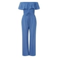 thumbnail image 2 of Franhais Women Plus Size Denim Off Shoulder Rompers Ruffle Slash Neck Drawstring Jumpsuits, 2 of 8