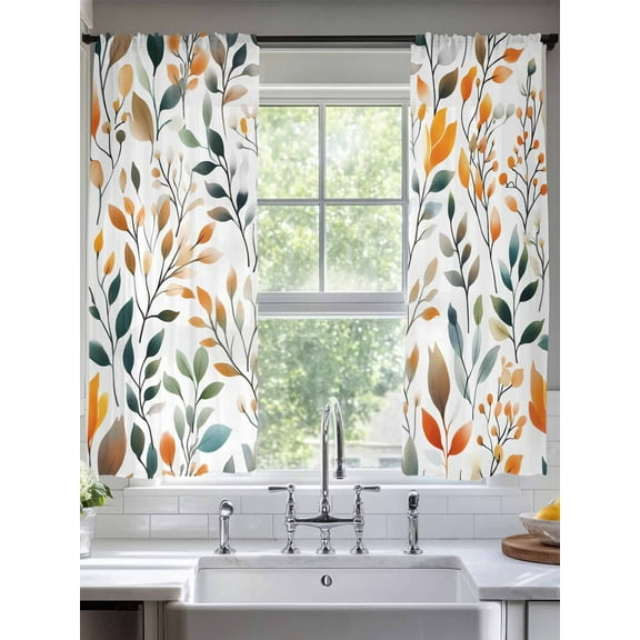 Green Orange Leaves Sheer Curtains for Living Room Bedroom Spring Garden Botanical Sheer Curtains 72 Inch Long 2 Panels Set Light Filtering Curtain Window Treatments Drapes for Dining Room