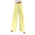 thumbnail image 3 of Women's Linen Pants Casual Loose High Waist Drawstring Wide Leg Pant Boho Palazzo Pants Yellow M, 3 of 5