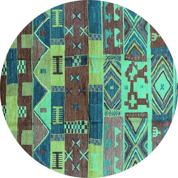 Ahgly Company Machine Washable Indoor Round Oriental Turquoise Blue Industrial Area Rugs, 4' Round