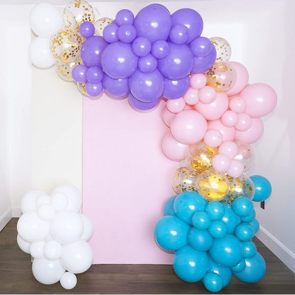 SHIMMER & CONFETTI Premium 74 Pack Mermaid Unicorn Balloons Arch and Garland Kit with 74 Matte Pink, Purple, White, Aqua Balloons, 10 Gold Confetti Balloons, Tape, Fishing Line, Glue
