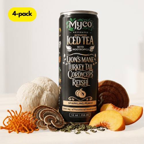 MycoBev Sparkling Peach Tea, 2000mg Mushroom Blend, 4 pack
